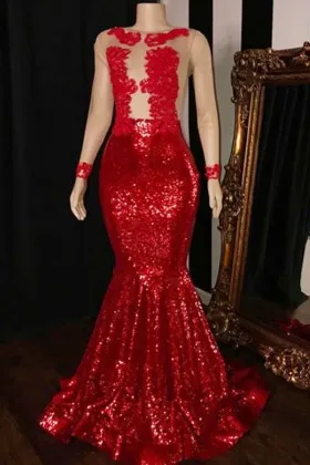 red lace sequin sheer bodice mermaid prom dress