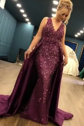 sequinned plum long sheath prom gown with overskirt