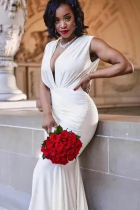plunging V neck ivory satin mermaid engagement gown