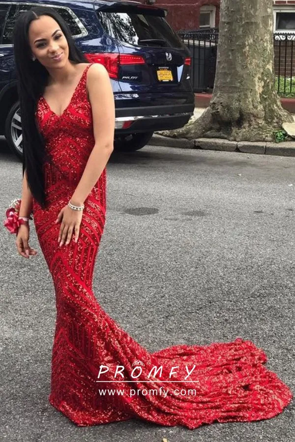 Red Striped Sequin Sleeveless Mermaid 