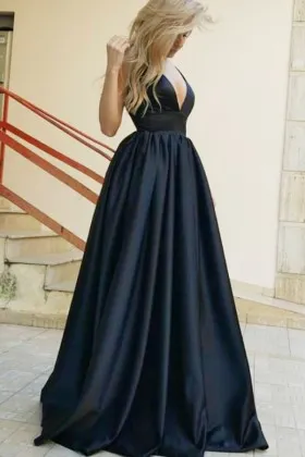 dark navy satin plunging V neck A line formal dress