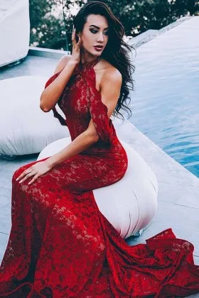 scarlet red lace off shoulder mermaid prom dress
