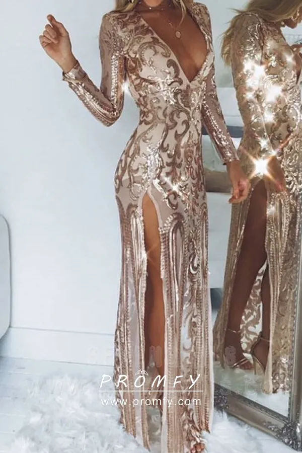 gold pattered sequin double high slits prom dress gold pattered sequin double high slits prom dress