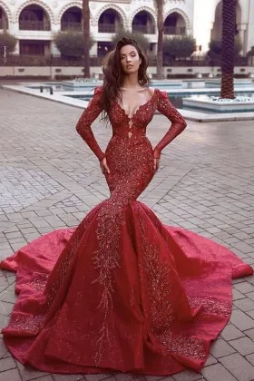 beaded lace appliqued dark red trumpet prom dress