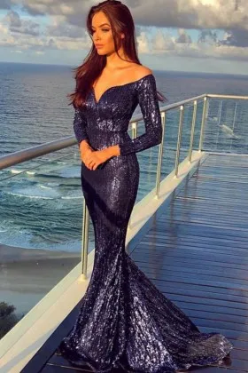 dark navy sequin off shoulder mermaid prom dress