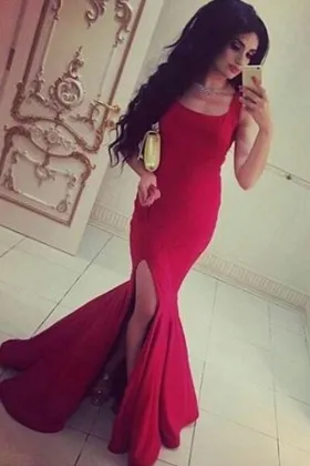square neck high slit red spandex mermaid prom gown