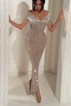Beading Tassel Off shoulder Body Hugging Prom Dress