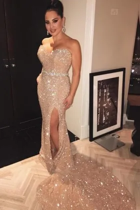 champagne sequin strapless slit mermaid prom dress