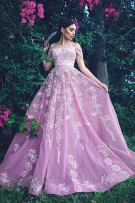 Lace Appliqued Pink Organza Engagement Prom Gown
