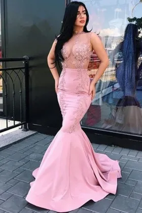Sheer Lace Bodice Pink Satin Mermaid Prom Dress