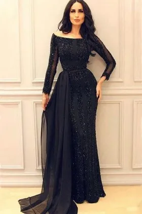 black sequin off shoulder sleeved sheath prom dress