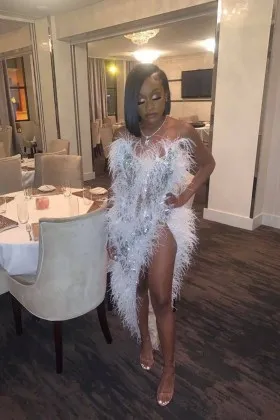 Sexy diamond ostrich hair high low prom dress