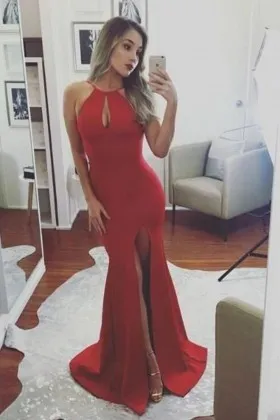 halter neck keyhole red satin mermaid prom dress