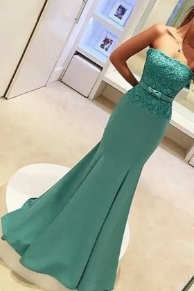 strapless clover green lace satin mermaid long formal dress
