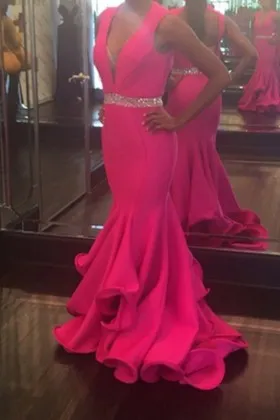plunging neck fuchsia satin mermaid long prom dress