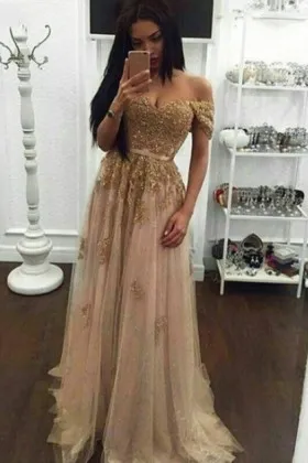 champagne lace tulle off shoulder A line prom dress