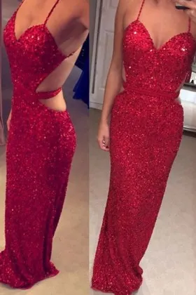 red sequin sweetheart low back sheath prom dress