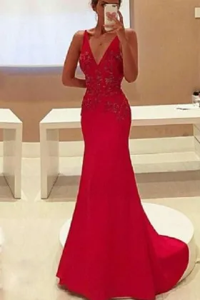 red lace satin V neck sleeveless mermaid prom dress