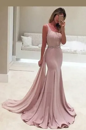 one shoulder strap dusty pink mermaid prom dress