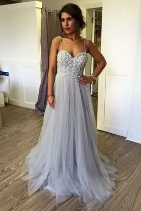 beaded sweetheart power blue tulle A line prom gown
