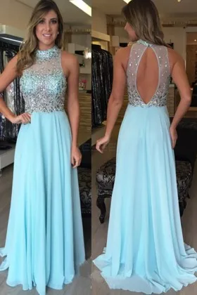 diamonds beaded baby blue chiffon A line prom dress