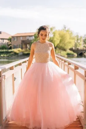 beaded bodice baby pink tulle ball gown prom dress