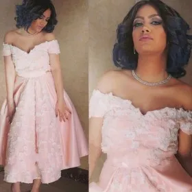 off shoulder white lace baby pink satin prom dress