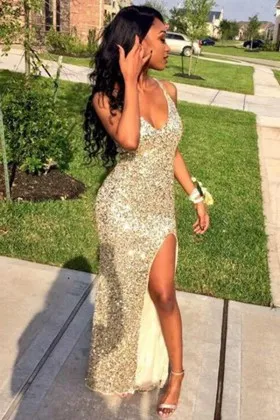 champagne sequin V neck high slit sheath prom dress