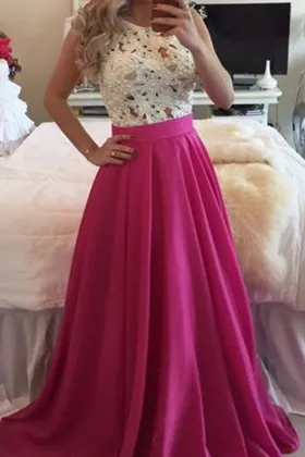white lace fuchsia satin two tone A line prom dress