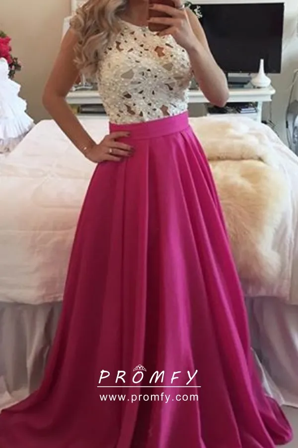 White Lace Fuchsia Satin Twotone Aline Prom Dress Promfy