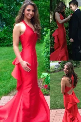 Red Satin Unique Ruffles Mermaid Engagement Dress
