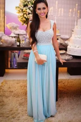 Pearls Bodice Cap Sleeve Cute Light Blue Party Gown