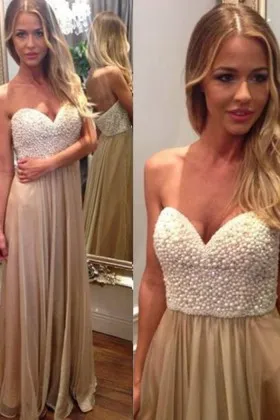 Strapless Pearl Bodice Champagne Chiffon Prom Dress