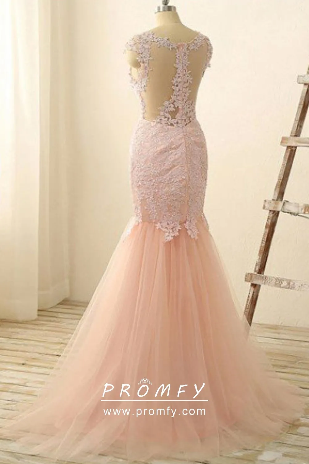 Long Tulle Dresses with Illusion Neckline Peacock