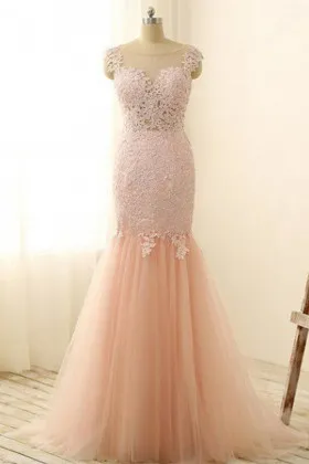illusion peach pink lace tulle mermaid prom dress