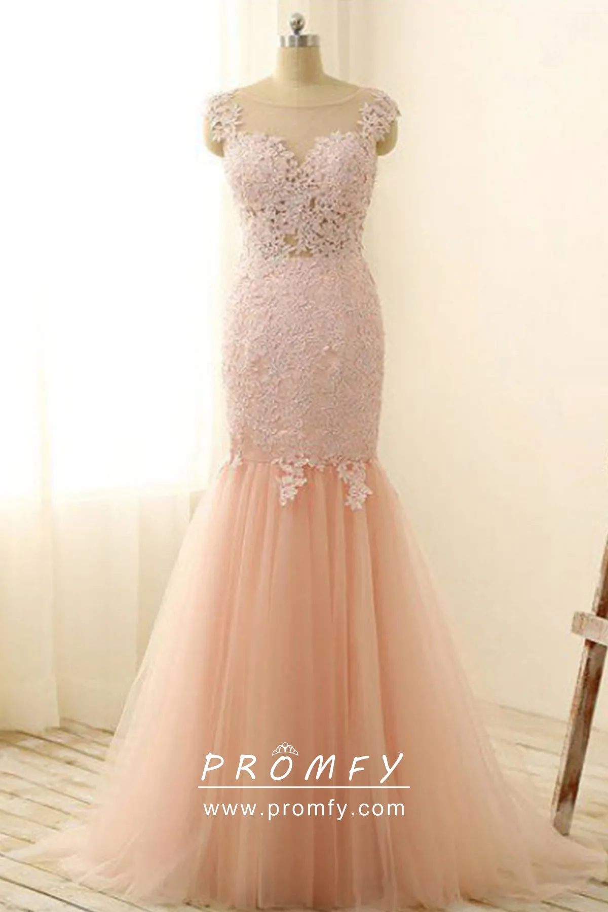 Pink Illusion Sleeves Butterfly Printed Tulle Ruffles Mermaid Formal