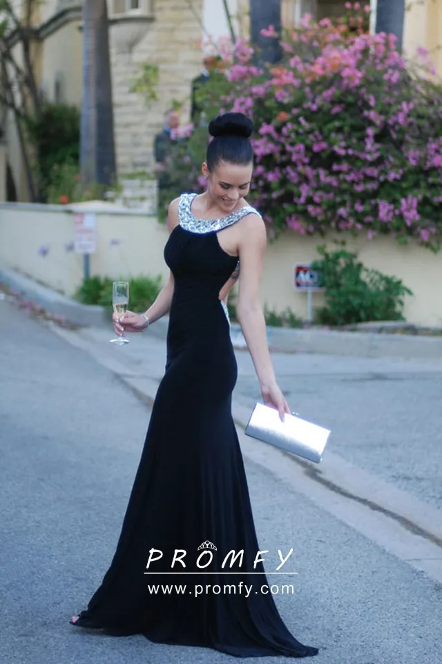 Diamonds Strap Scoop Neck Black Sheath Prom Dress Promfy