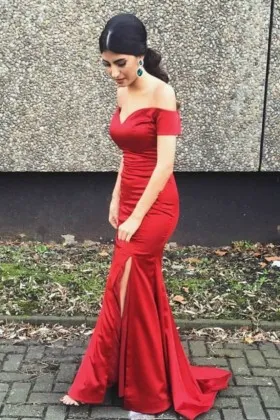 red satin off shoulder sweetheart slit formal dress