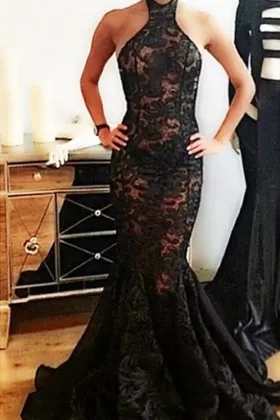 illusion black lace halter neck mermaid prom dress