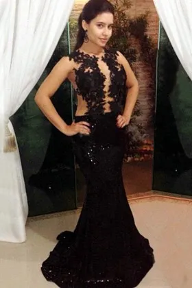 Black Lace Transparent Bodice Sequin Prom Dress