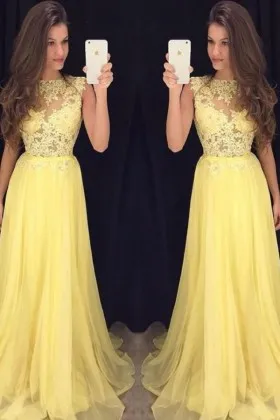illusion yellow lace chiffon A line prom dress