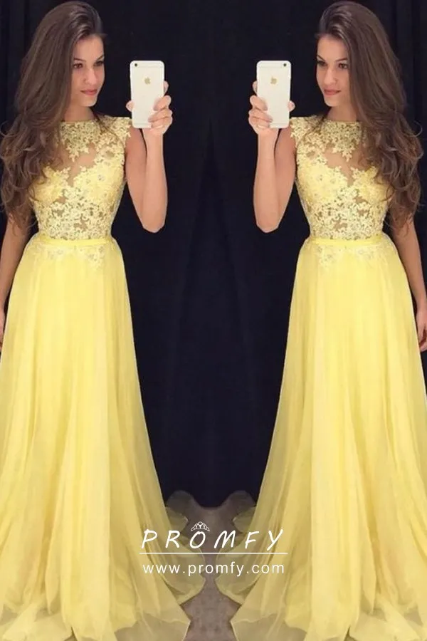 Illusion Yellow Lace & Chiffon A-line Prom Dress - Promfy