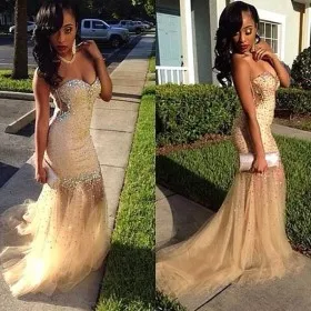 Diamonds Beaded Champagne Sheer Tulle Prom Dress