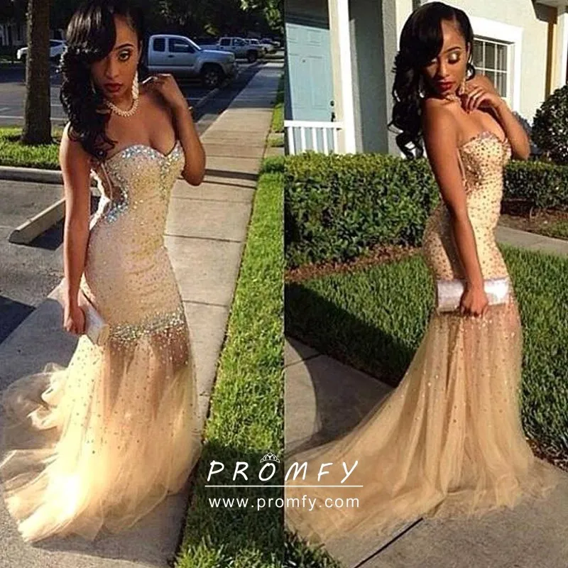 Diamonds Beaded Champagne Sheer Tulle Prom Dress Promfy