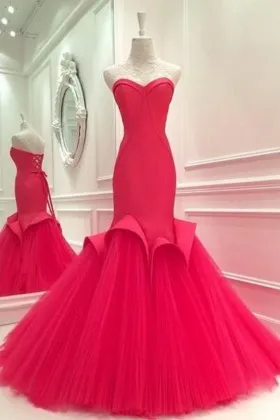 strapless sweetheart red trumpet godet skirt long prom dress