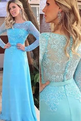 illusion neck sky blue lace chiffon long sleeve formal dress