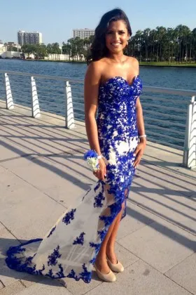 royal blue lace appliqued satin sheer tulle prom dress