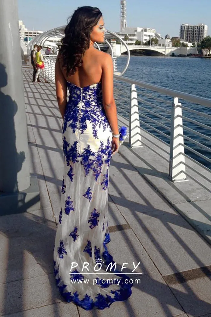 Gold Lace Appliqued Royal Blue Trumpet Prom Dress - Promfy