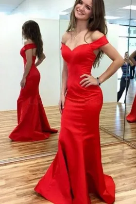 off shoulder sweetheart red satin mermaid prom gown