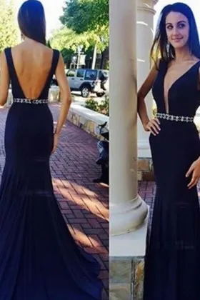 Sexy Low V Back Plunging Neckline Black Prom Gown